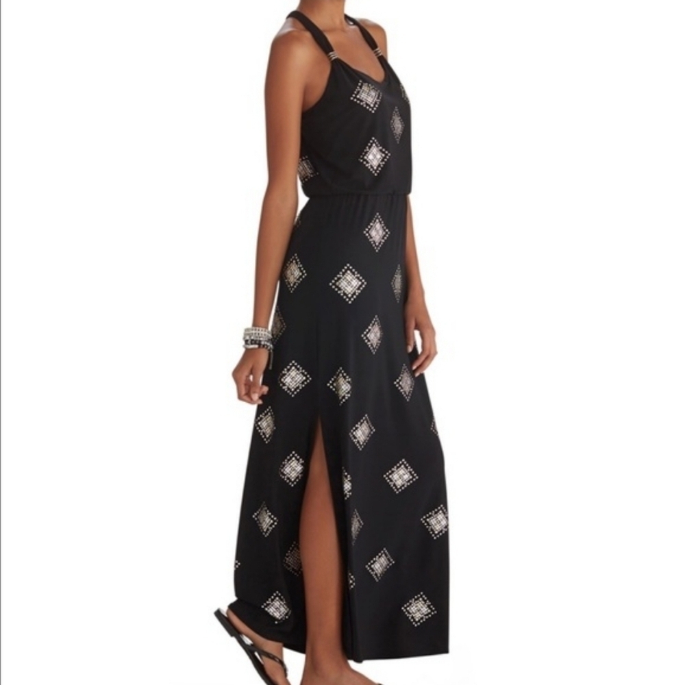 White House Black Market Black Maxi Dress, Silver & Gold Accents, XS
